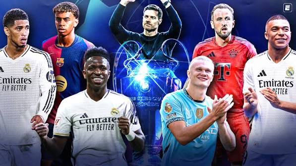 Montagem de jogadores de futebol e troféu da Champions League